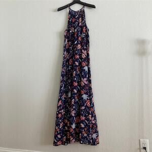 Old Navy Halter Strappy Navy Red Floral Tiered Maxi Dress Size M 100% Rayon